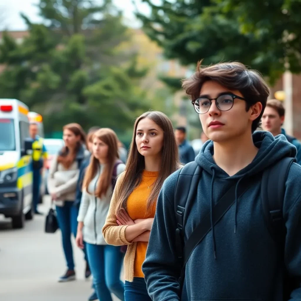 Students and police responding to a campus emergency
