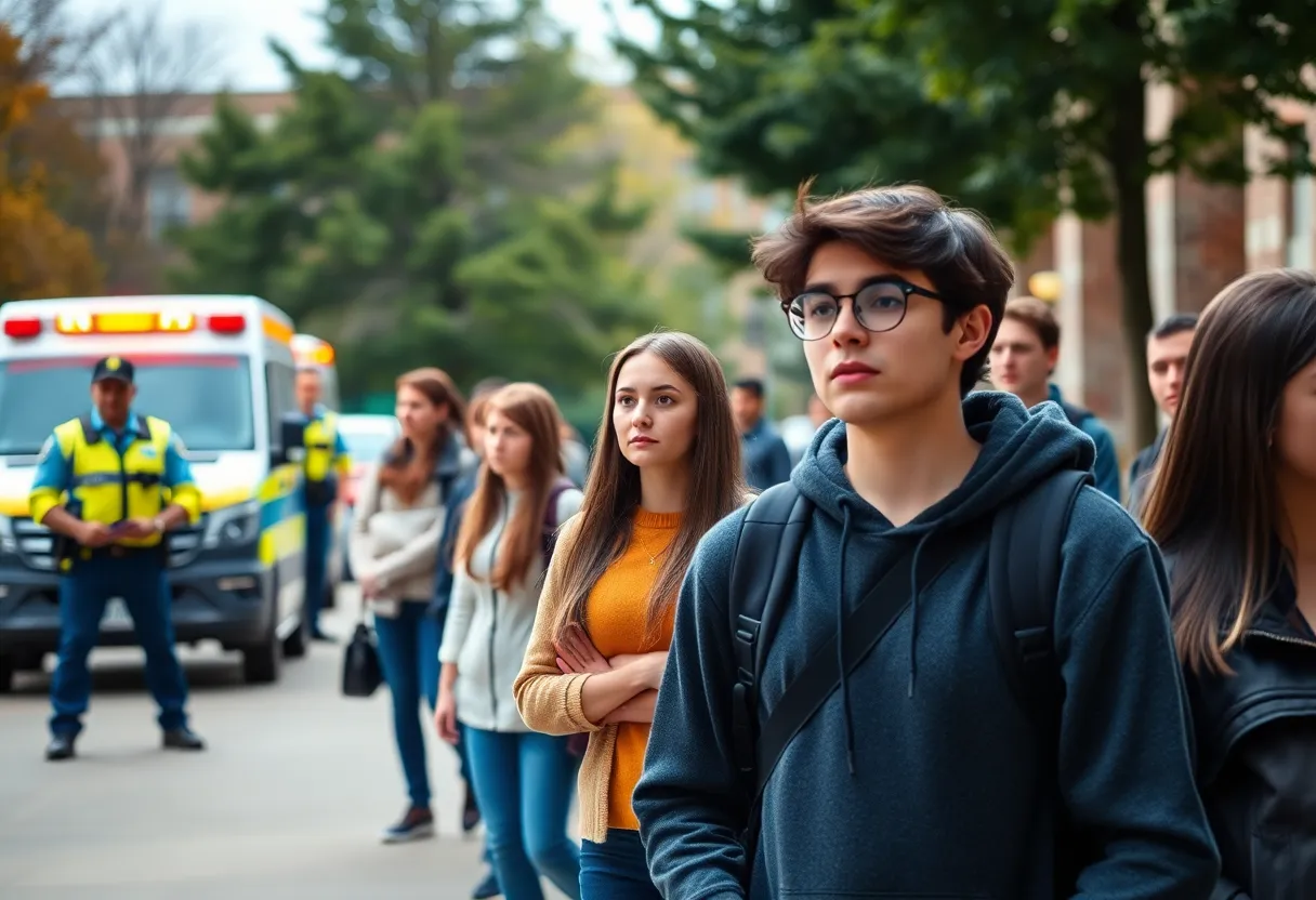 Students and police responding to a campus emergency