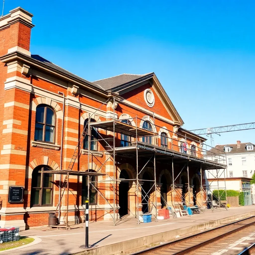 Historic Amtrak Station undergoing repairs with construction equipment.