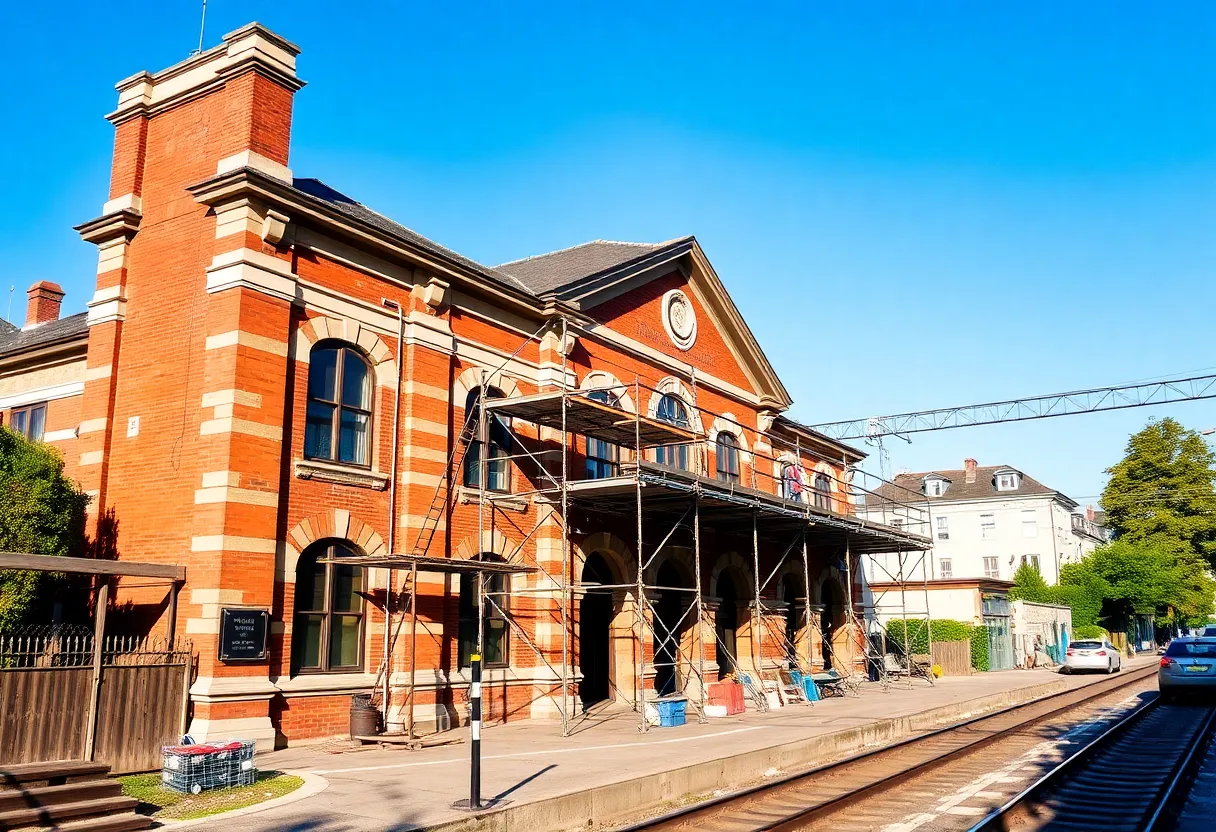 Historic Amtrak Station undergoing repairs with construction equipment.