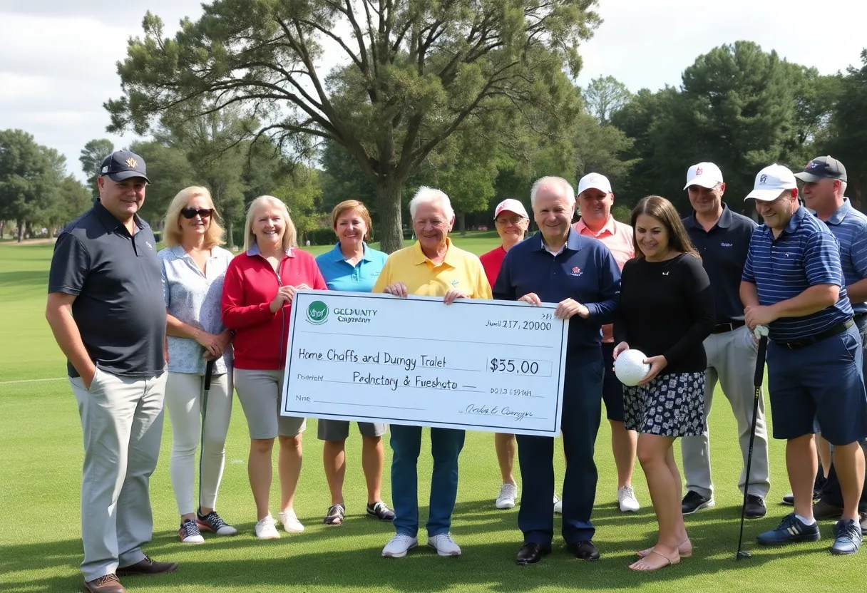 Presentation of a large check for youth mentorship program donation.