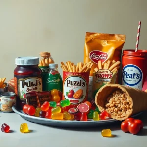 A still life oil painting depicting various junk food items.