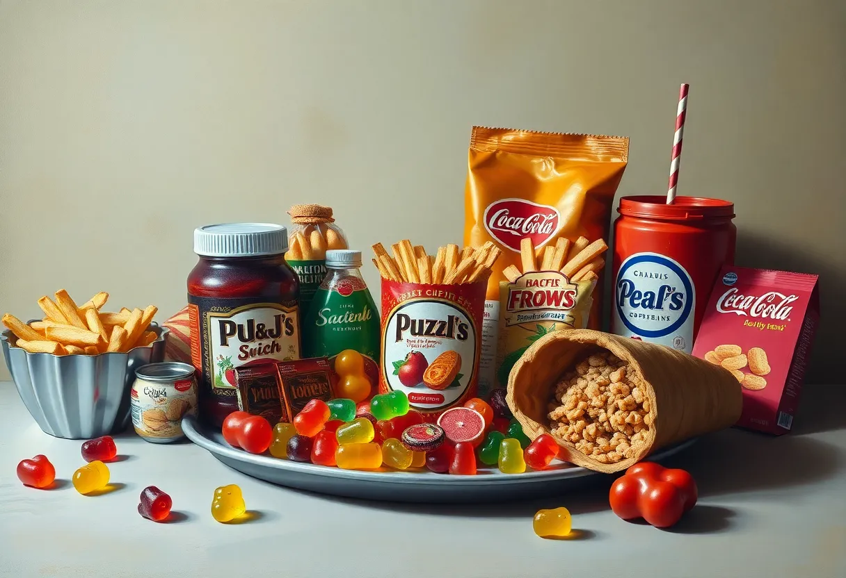 A still life oil painting depicting various junk food items.