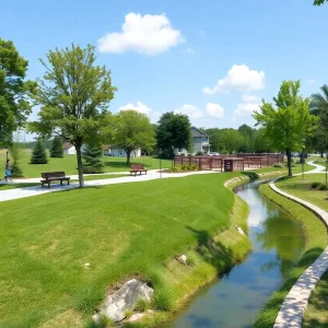 Visual representation of a public park with planned water line