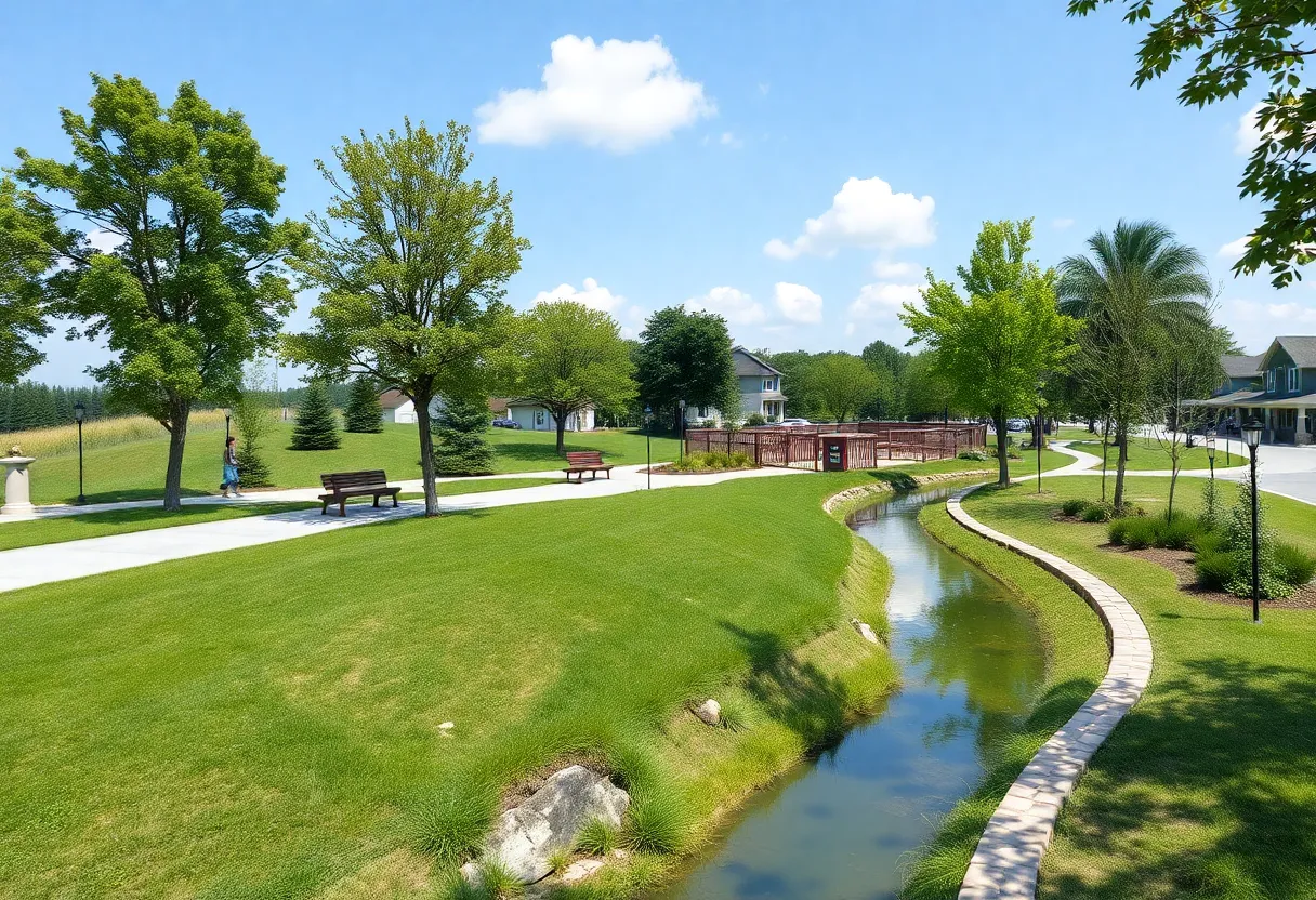 Visual representation of a public park with planned water line