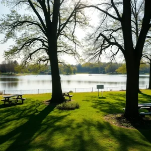 Park with picnic areas by Lake Jackson, representing community spirit.
