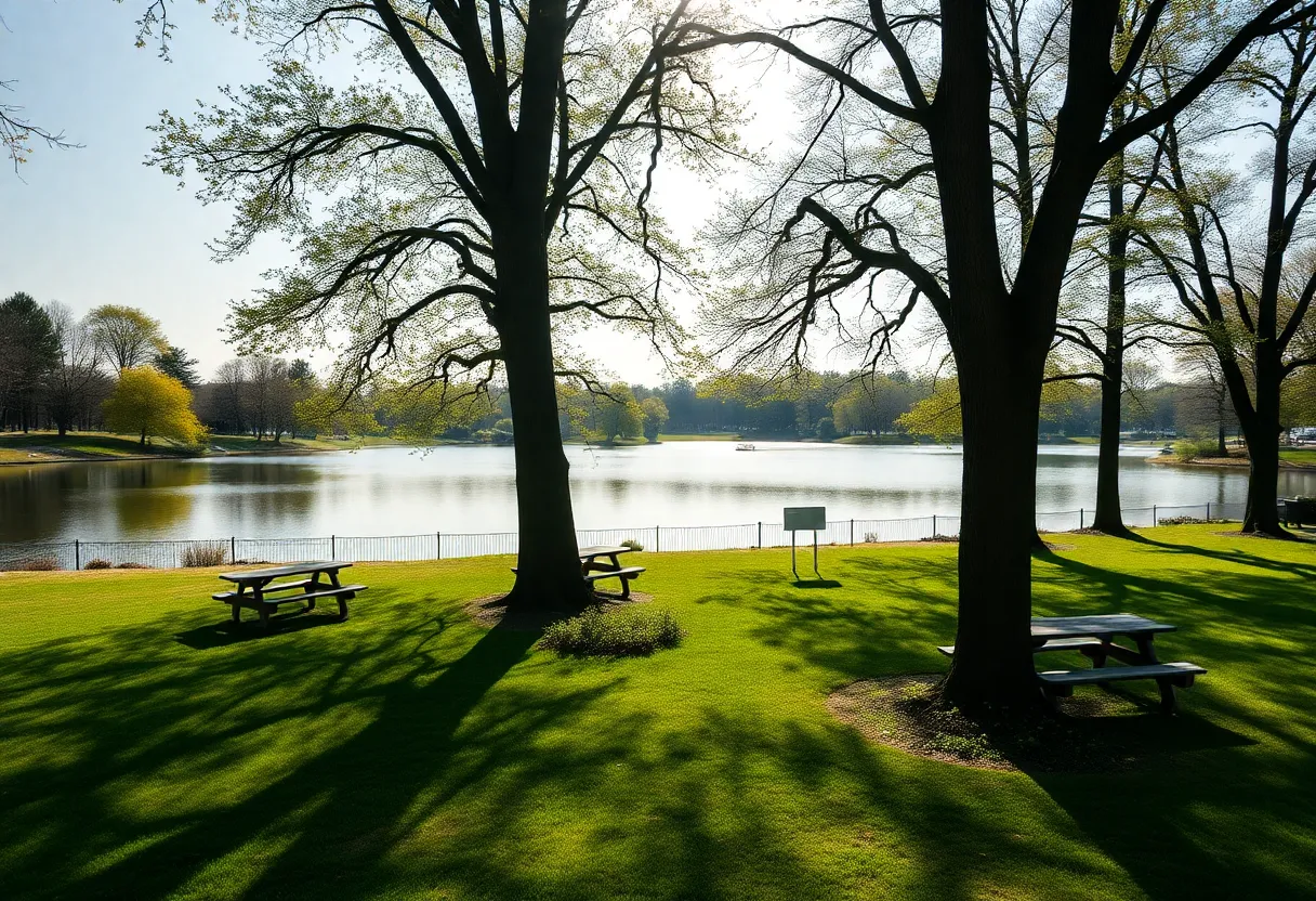 Park with picnic areas by Lake Jackson, representing community spirit.