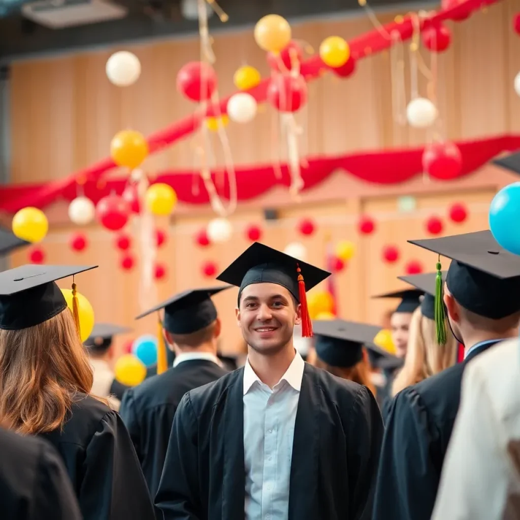 Graduation celebration at Tucker Civic Center with students in caps and gowns
