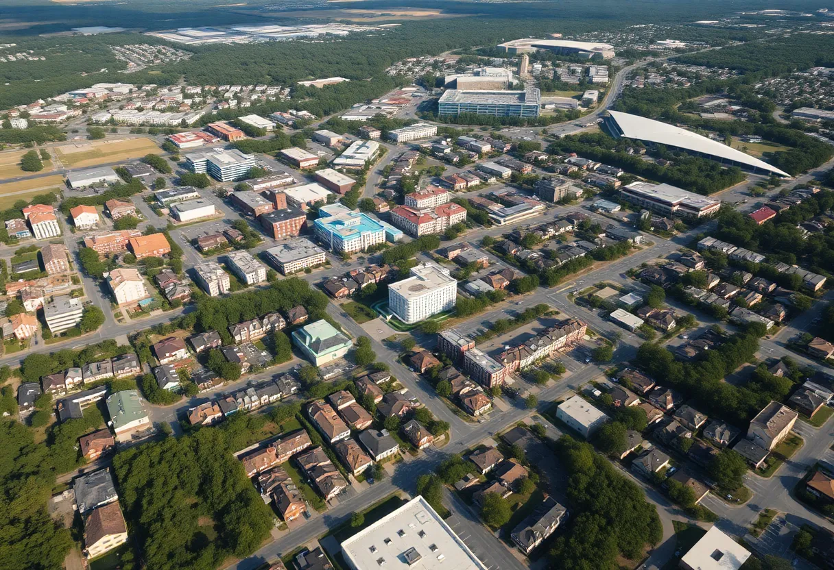 Aerial view of Tallahassee, Florida, highlighting urban and natural features.