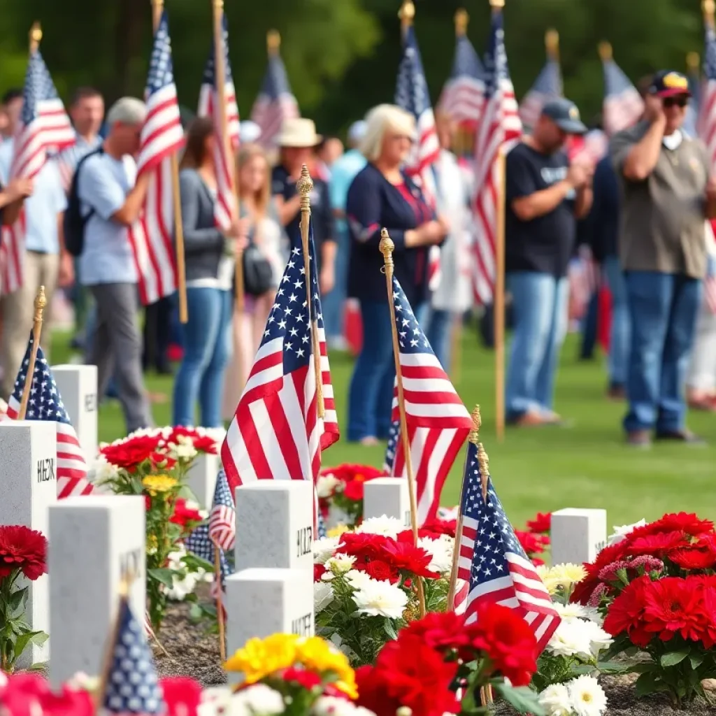 Community gathering for Memorial Day observance at a memorial site.