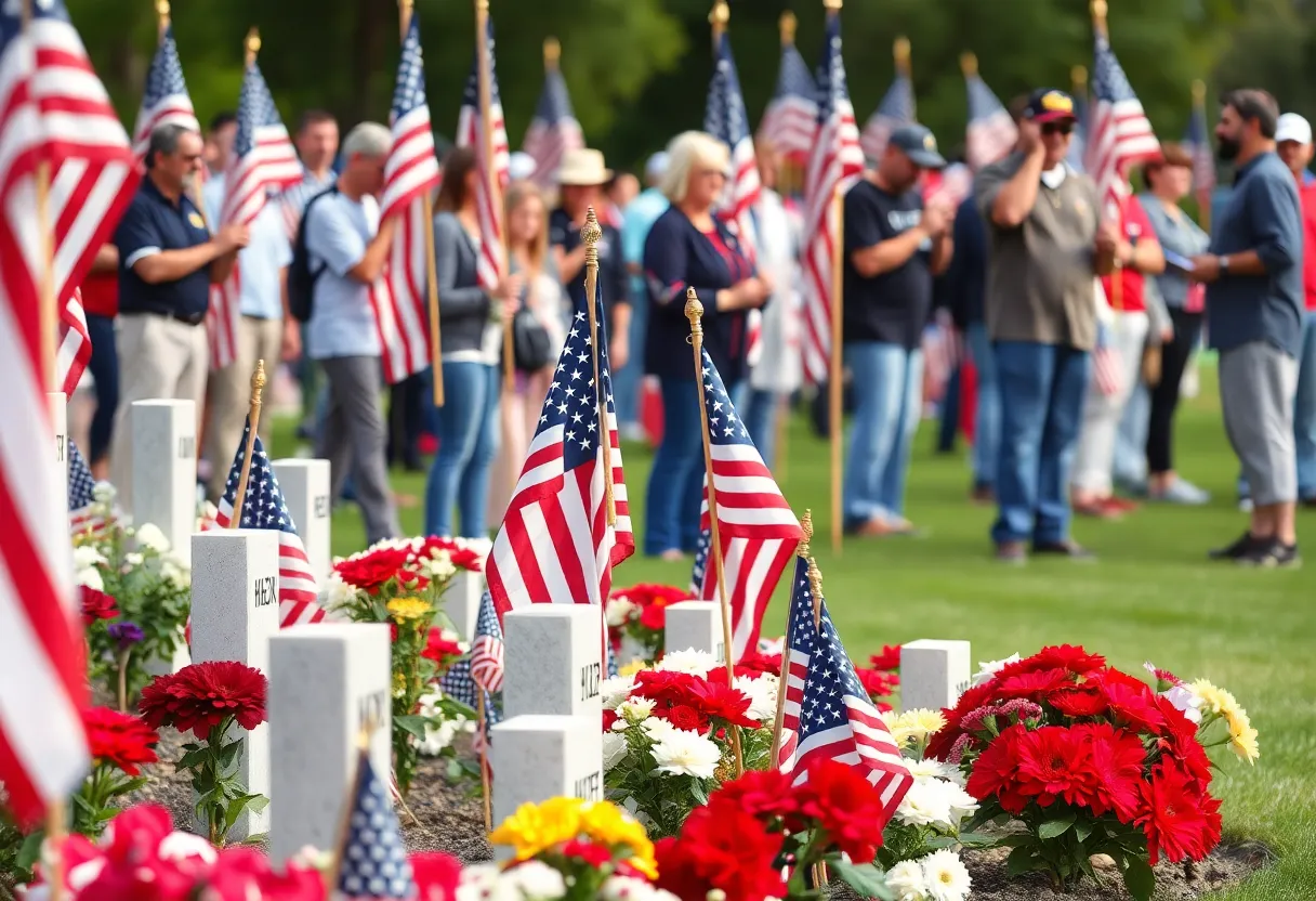 Community gathering for Memorial Day observance at a memorial site.