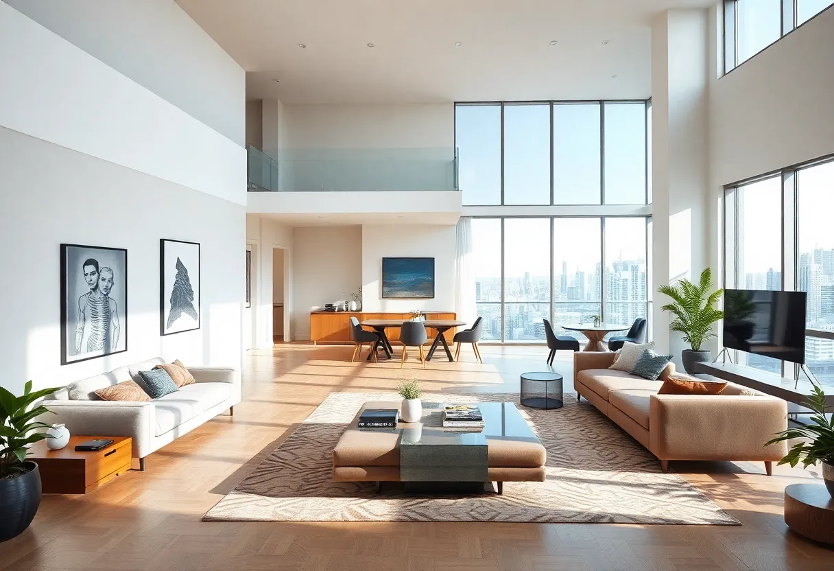 Spacious modern apartment interior with large windows