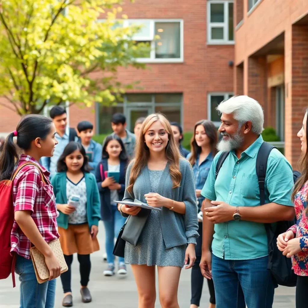 Illustration of a school with students and teachers engaging positively.