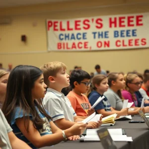 Students participating in a spelling bee competition at the Gaylord National Resort.
