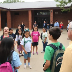 Students and school officials discussing behavioral issues in a school courtyard.