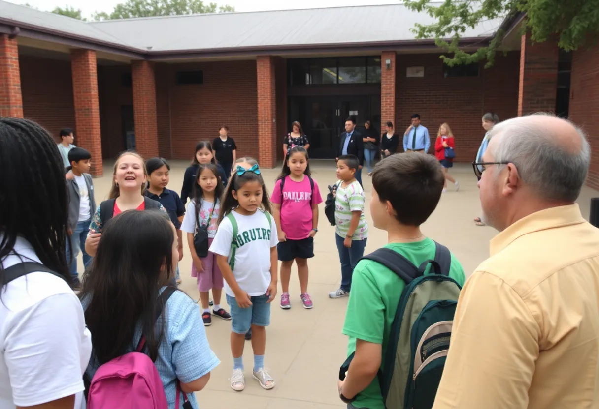 Students and school officials discussing behavioral issues in a school courtyard.