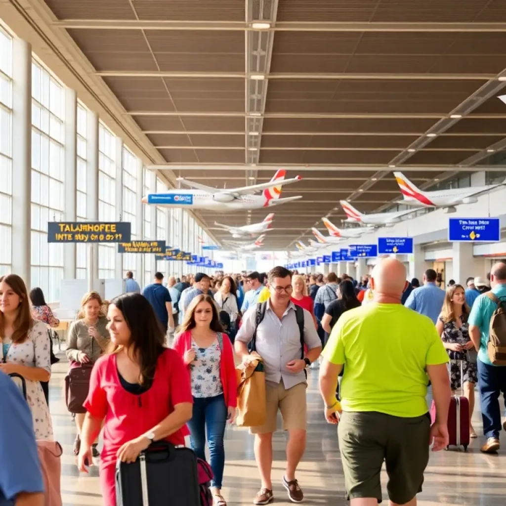 Busy terminal at Tallahassee International Airport with travelers and airline staff.