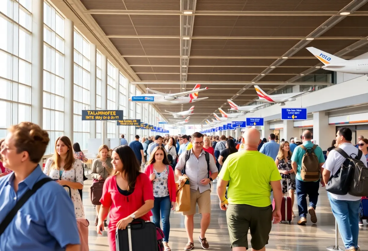 Busy terminal at Tallahassee International Airport with travelers and airline staff.