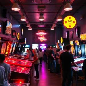 Interior of Flippin' Great Pinball arcade showcasing a variety of games and patrons enjoying their time.