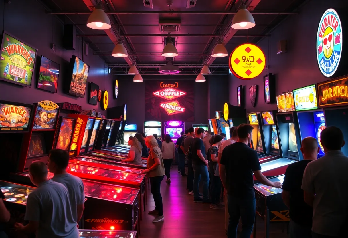Interior of Flippin' Great Pinball arcade showcasing a variety of games and patrons enjoying their time.