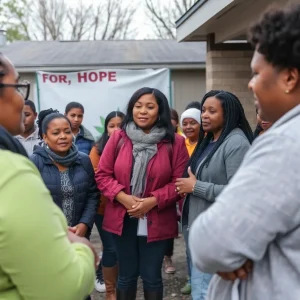 Community members engaging with homeless individuals at a shelter