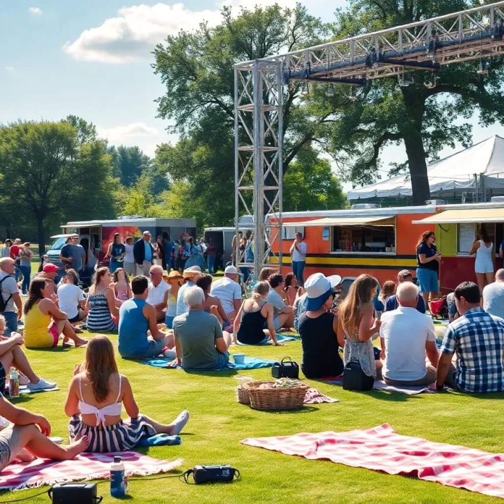 Outdoor concert in Tallahassee with attendees and food trucks