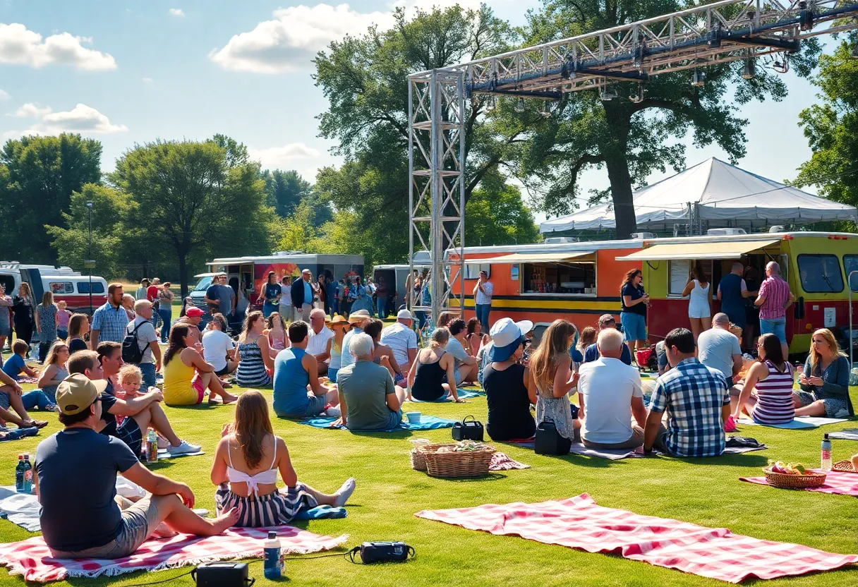 Outdoor concert in Tallahassee with attendees and food trucks