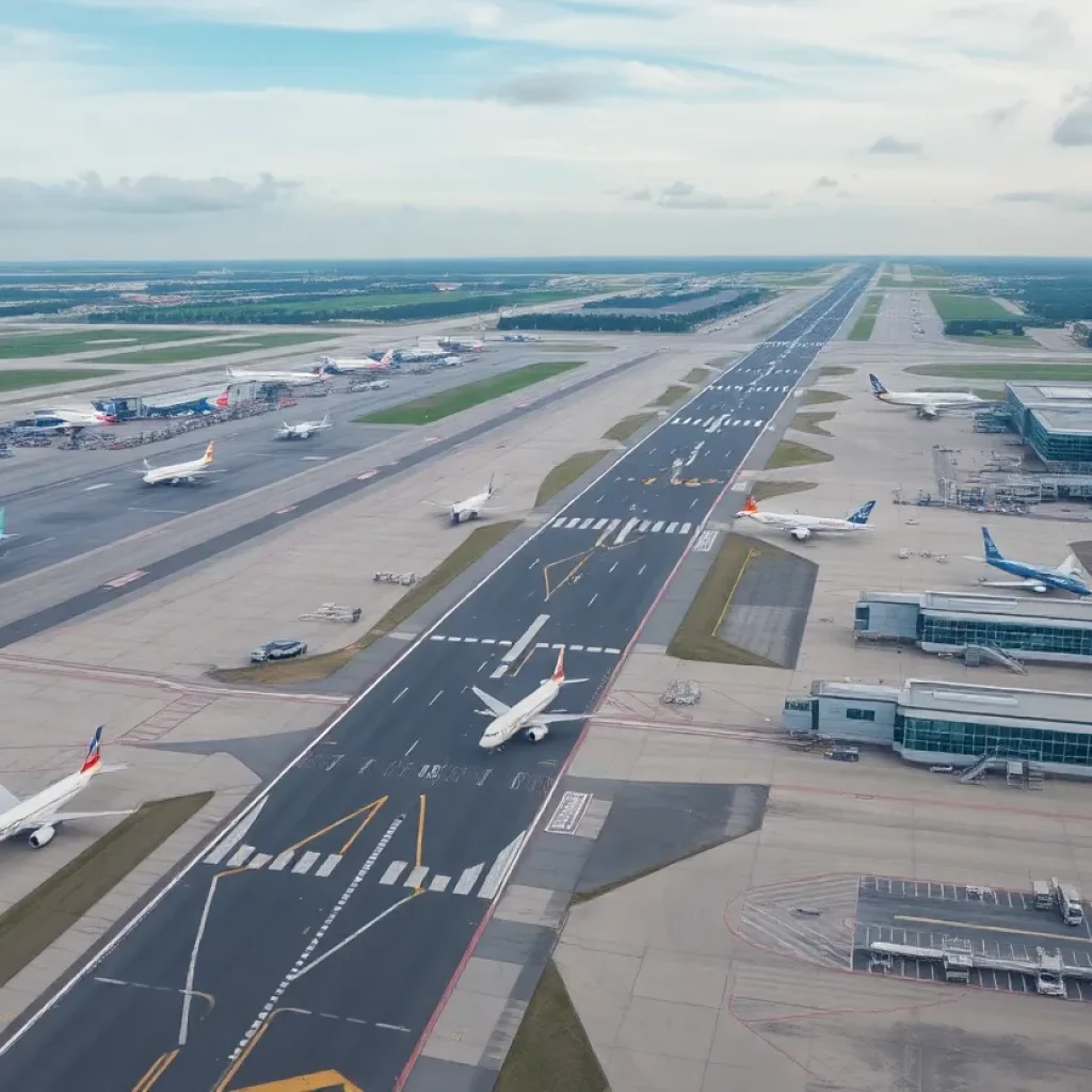 Aerial view of Tallahassee International Airport showing runways and terminals.
