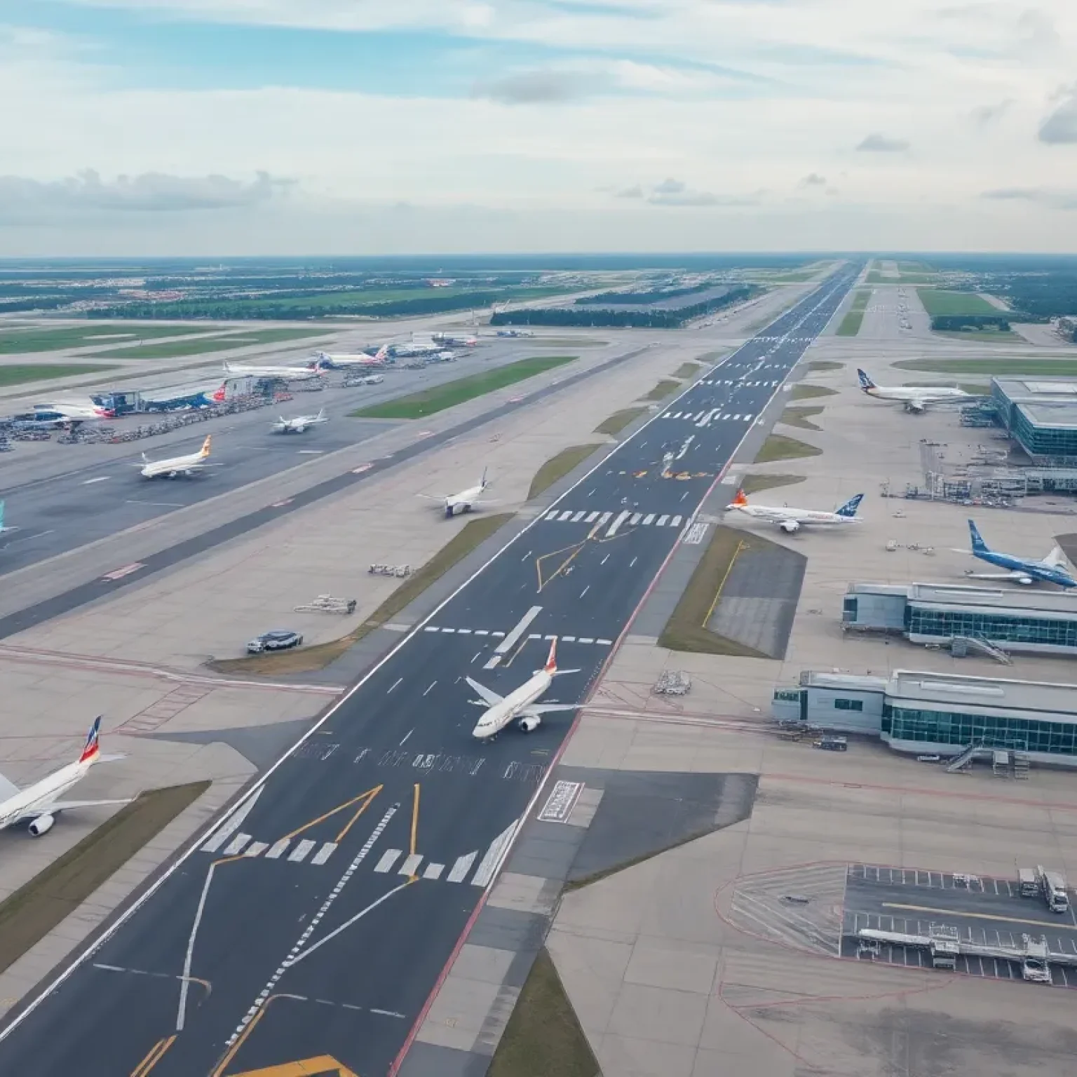 Aerial view of Tallahassee International Airport showing runways and terminals.