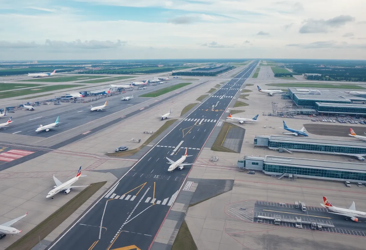 Aerial view of Tallahassee International Airport showing runways and terminals.