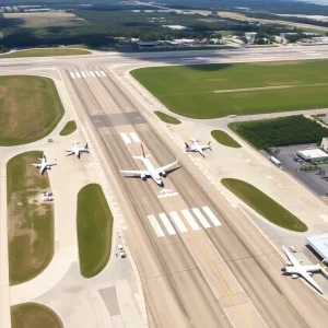Aerial view of Tallahassee International Airport showcasing its runways and aircraft.