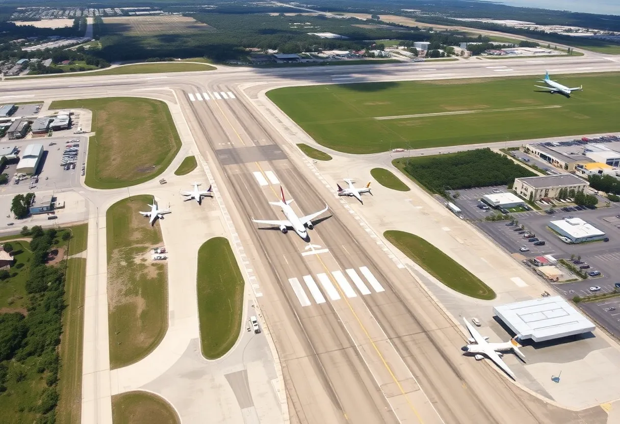 View of Tallahassee International Airport highlighting the runway and terminal buildings.