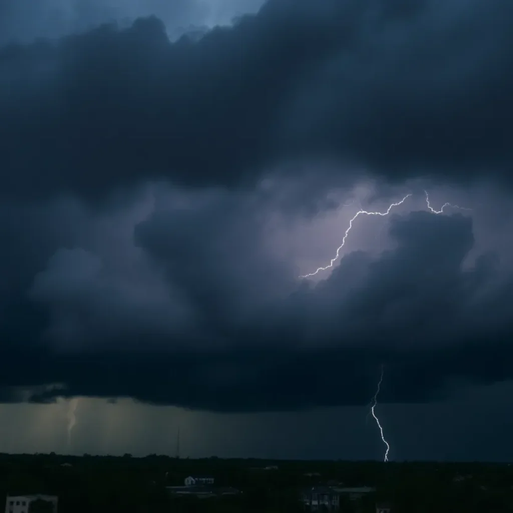 Stormy weather over Tallahassee with dark clouds and rain.