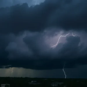 Stormy weather over Tallahassee with dark clouds and rain.