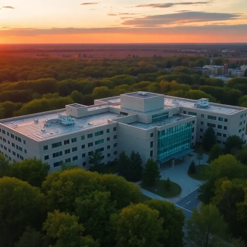 Aerial view of Tallahassee Memorial Hospital with sunset in background