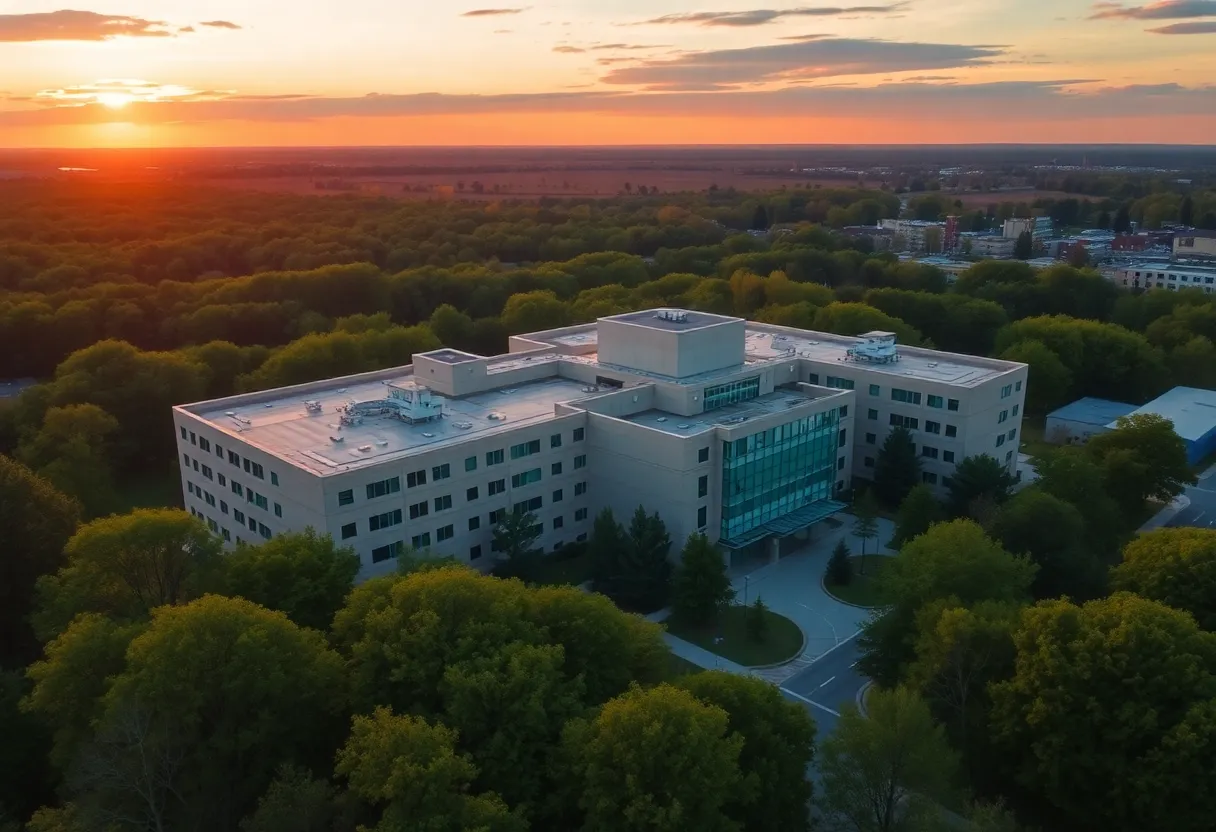Aerial view of Tallahassee Memorial Hospital with sunset in background