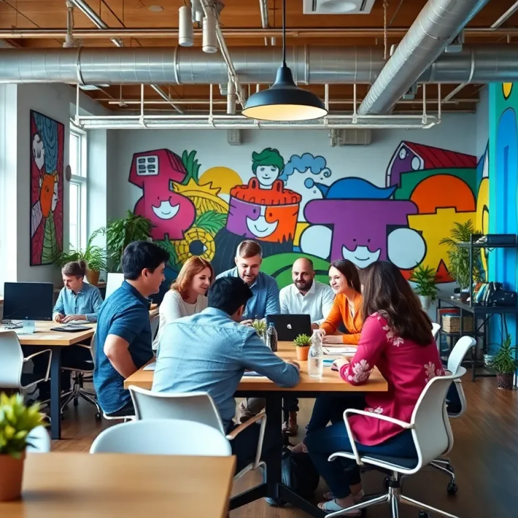 Celebration at Taproot Agency office with team members and colorful murals