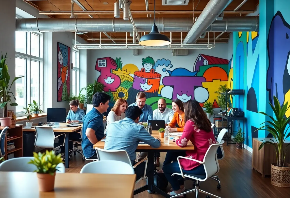 Celebration at Taproot Agency office with team members and colorful murals