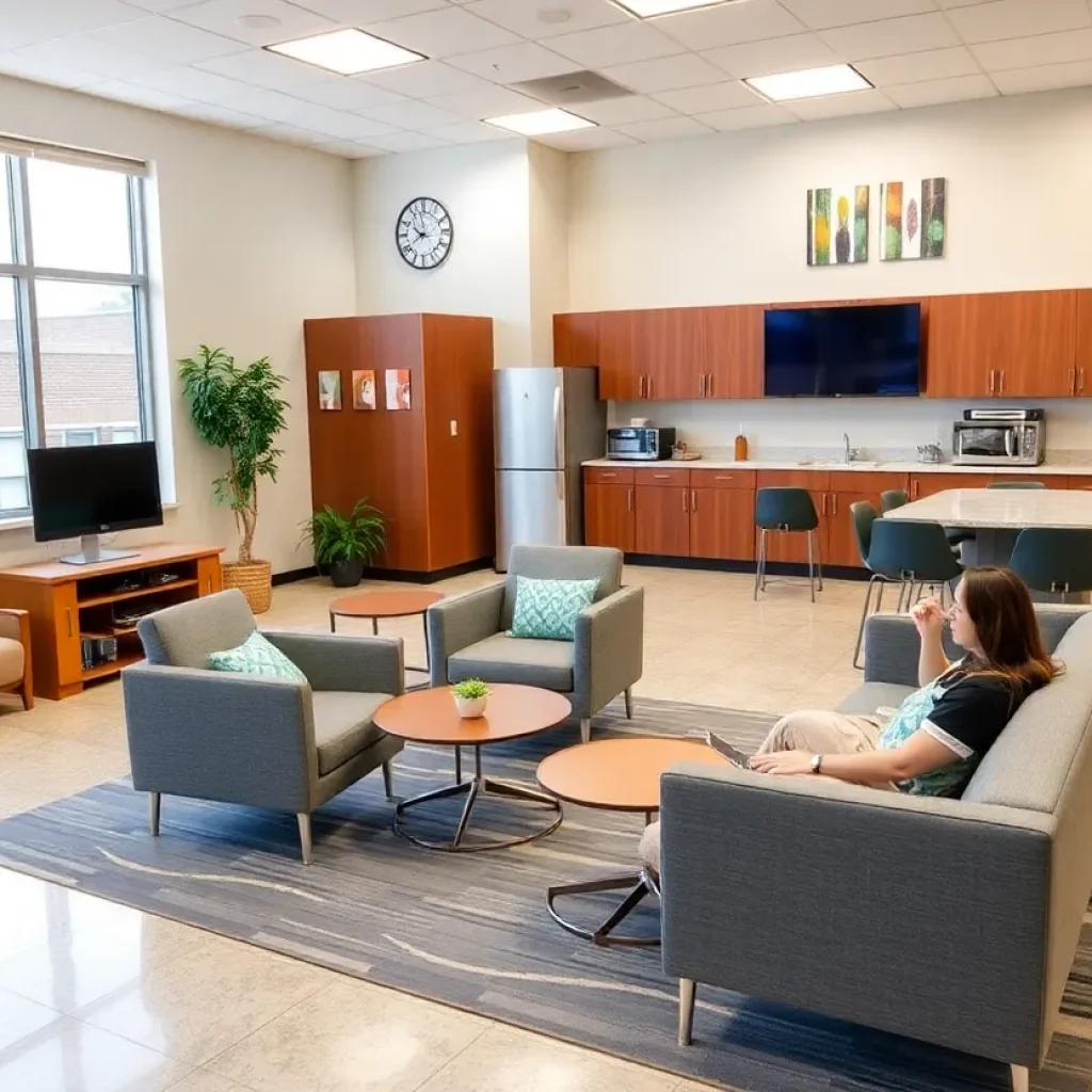 A modern teacher lounge with new seating and decor