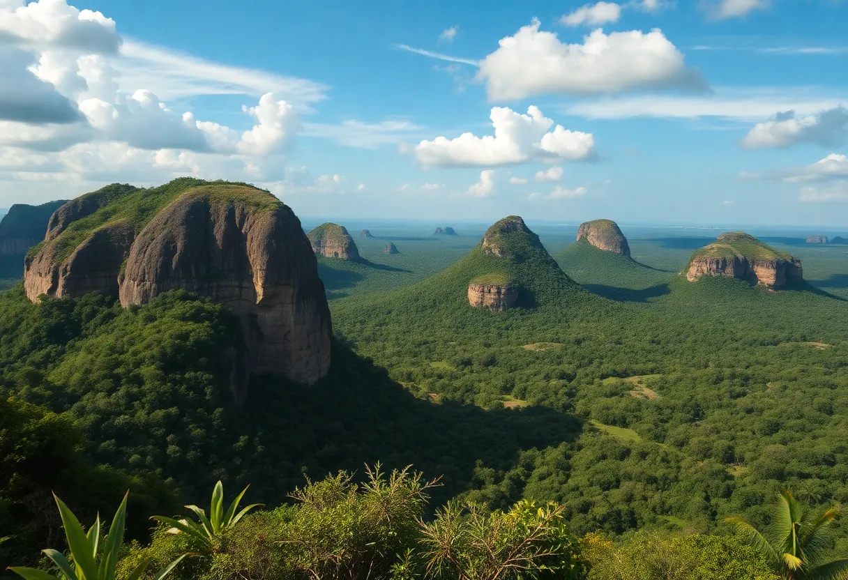 Aerial view of tepuis in South America with lush flora