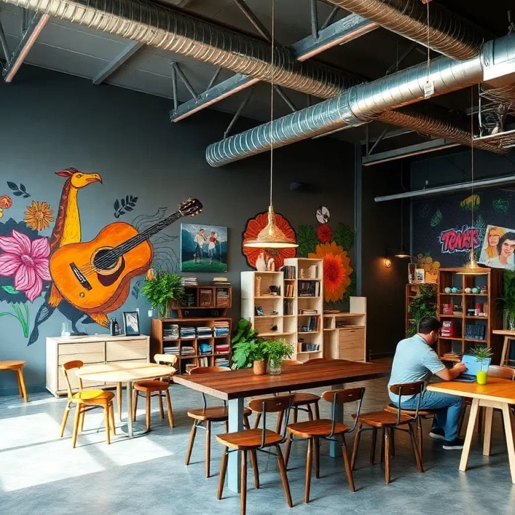 Interior view of The Req Room showcasing wall art and event setup