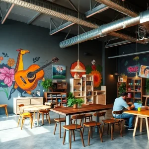 Interior view of The Req Room showcasing wall art and event setup