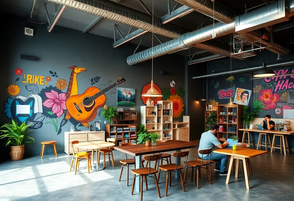 Interior view of The Req Room showcasing wall art and event setup