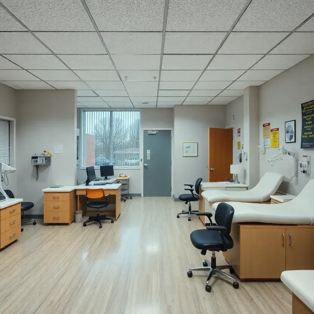 Auction signs and empty medical equipment in a former clinic
