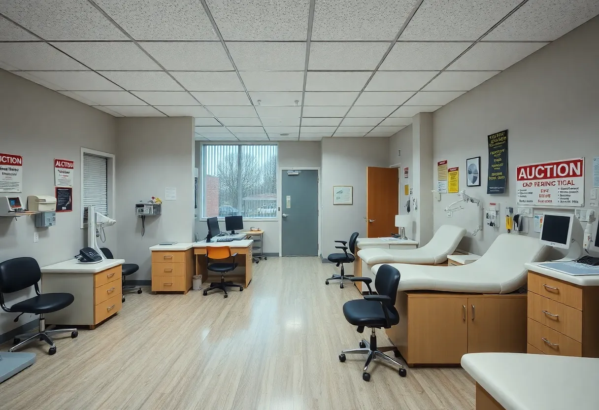 Auction signs and empty medical equipment in a former clinic