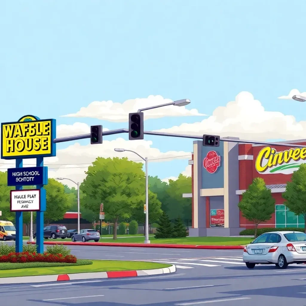 Illustration of traffic near Chiles High School with fast food signs
