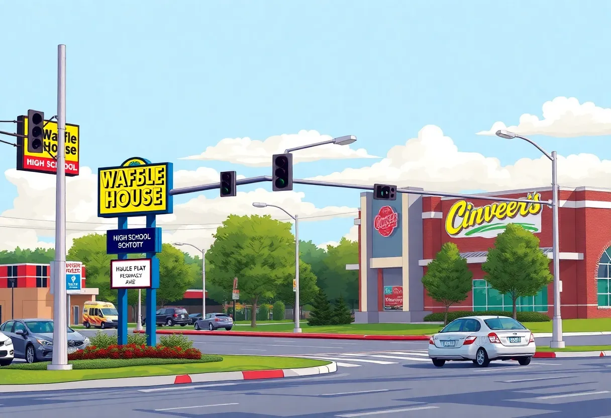 Illustration of traffic near Chiles High School with fast food signs