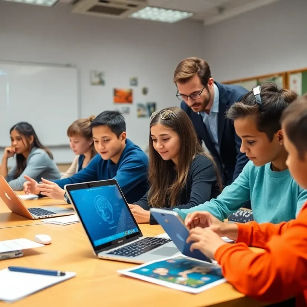 A classroom scene demonstrating the use of artificial intelligence in education.