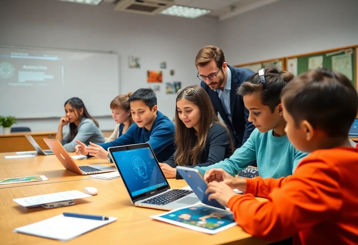 A classroom scene demonstrating the use of artificial intelligence in education.