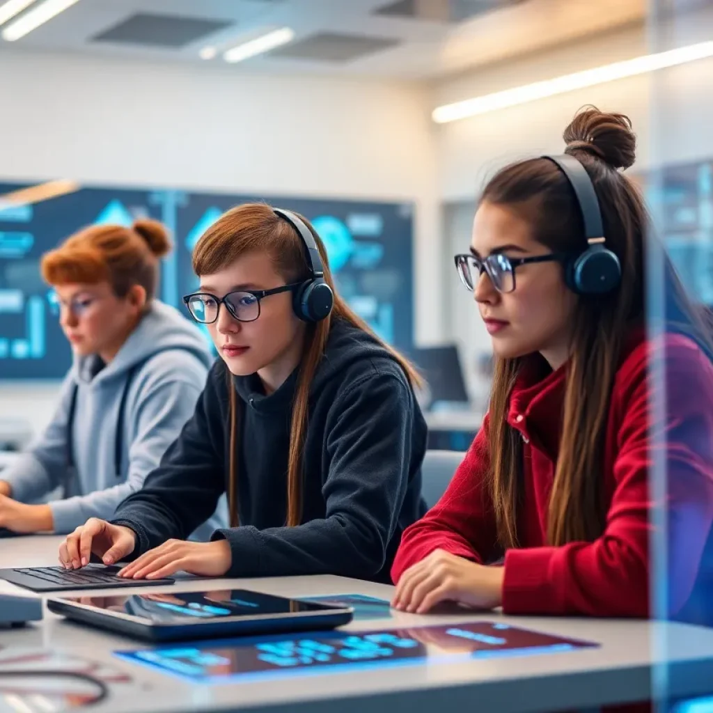 A classroom showcasing students learning with AI technology.